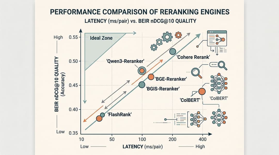Comparison chart of reranking engines: BGE-Reranker, Cohere Rerank, Qwen3-Reranker, FlashRank, ColBERT showing latency (ms/pair) vs BEIR nDCG@10 quality scatter plot with model labels, Olivetti Brochure style, minimal density, technical illustration