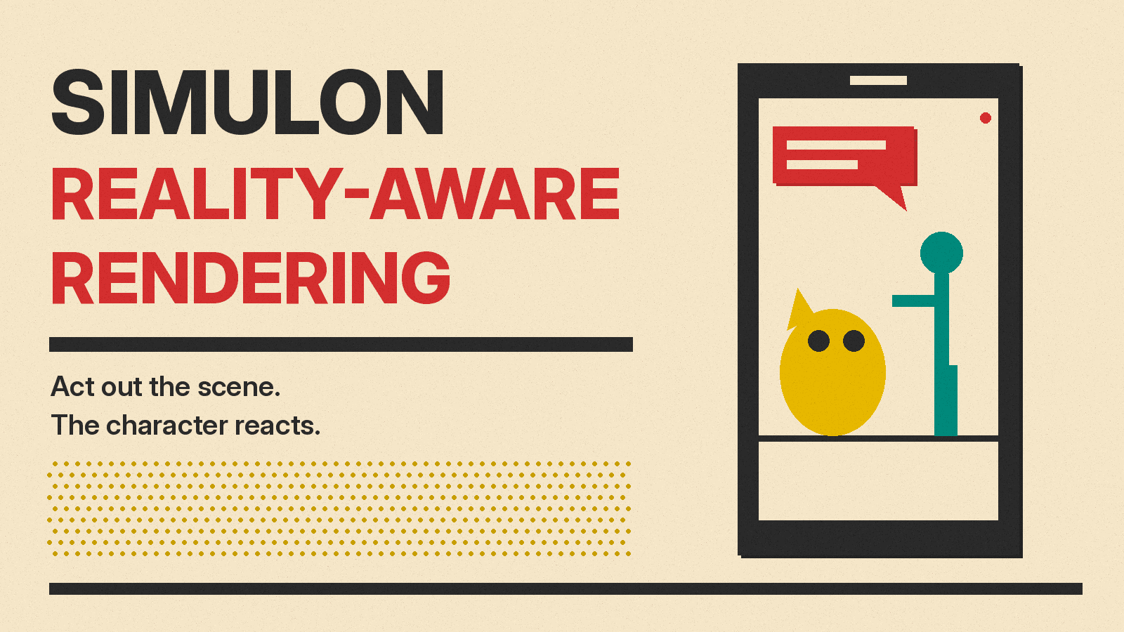 Olivetti-style cover reading Simulon Reality-Aware Rendering, with a phone frame showing a simple creature beside a figure on cream paper